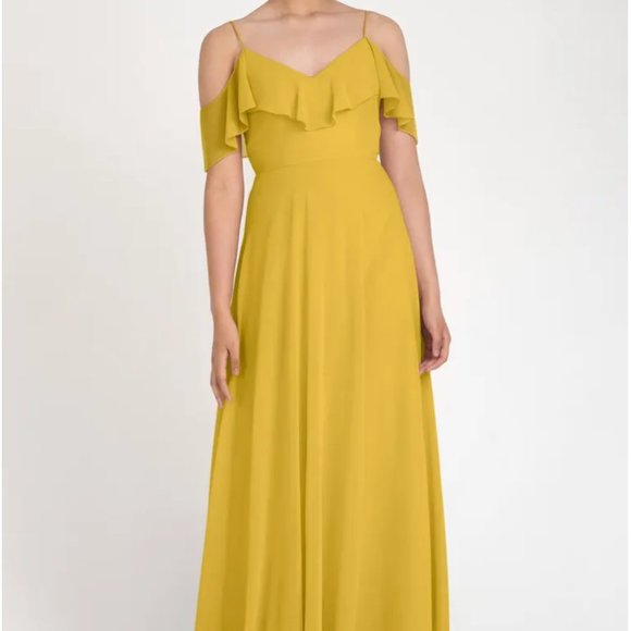 Jenny Yoo Mila Chartreuse Chiffon Gown Sz 6 fits like 8/10 - Picture 1 of 11